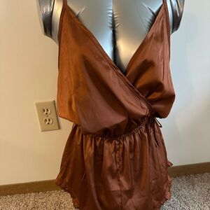 Brown Satin Wrap Romper